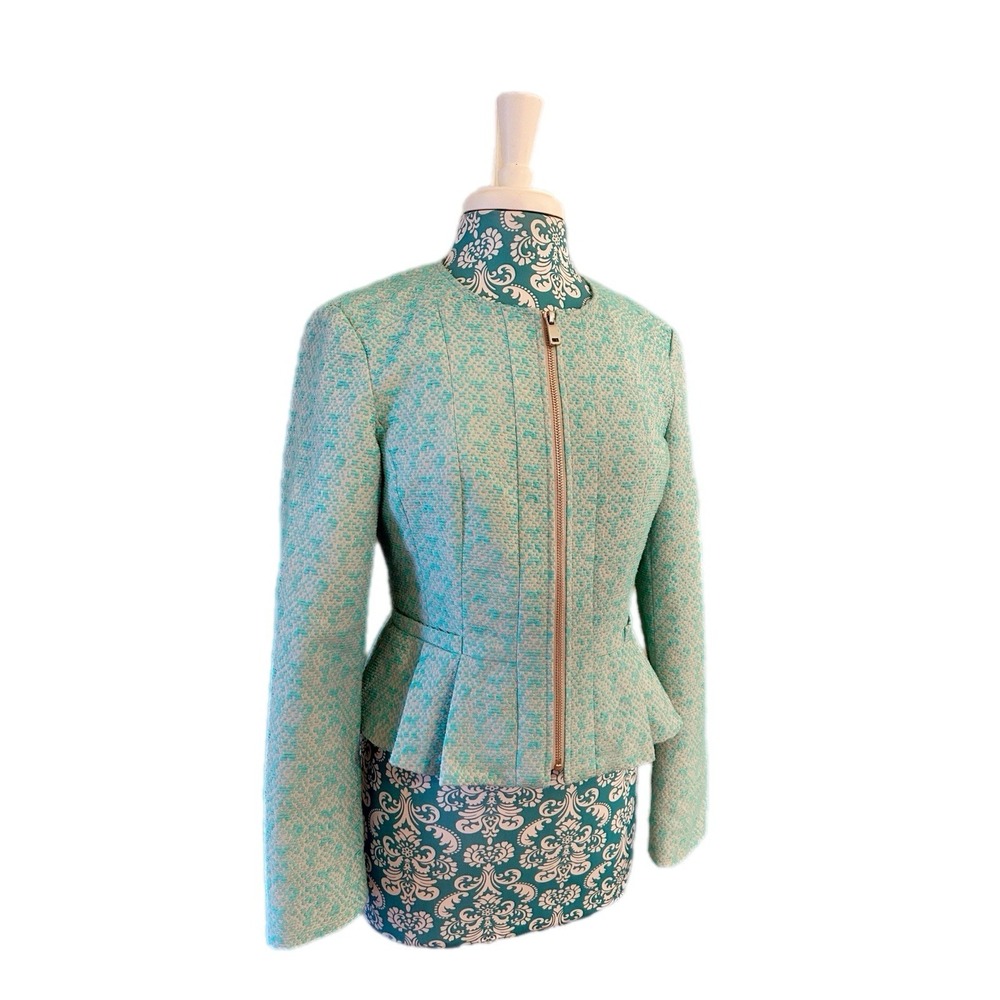 Sz 8 NANETTE LEPORE Aqua Coquette Peplum Jacket Nipped Waist Elegant Romantic